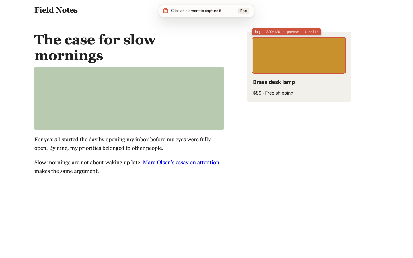 Capture highlighting a product image on a web page, with the parent and child hint