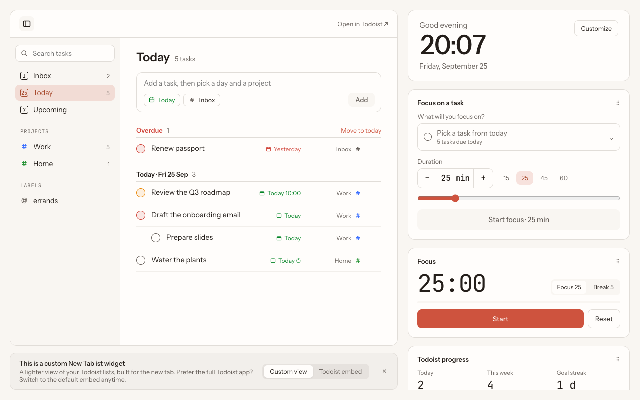 New Tab ist custom Todoist view with the Focus on a task and Todoist progress widgets