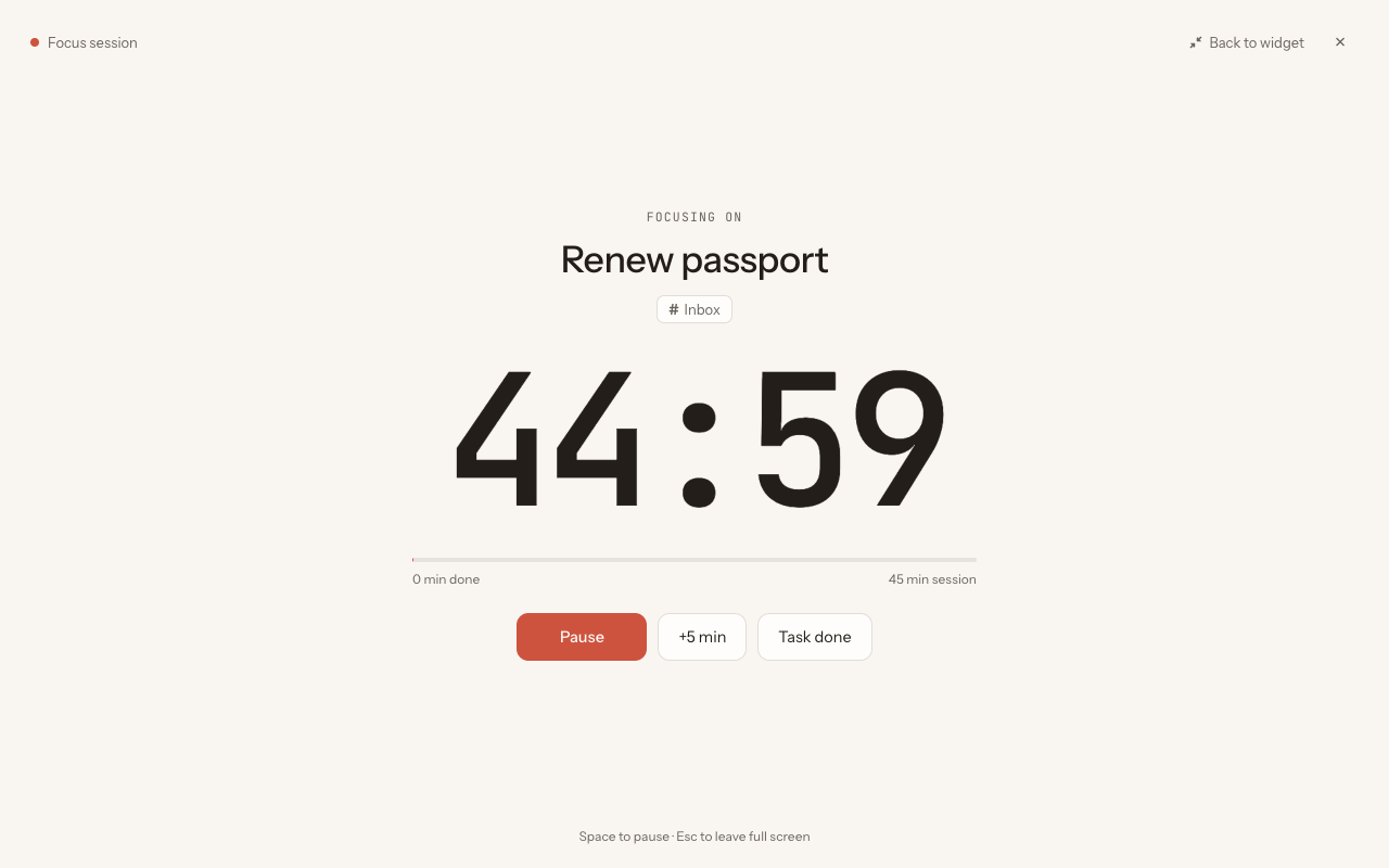 Full-screen focus session on a Todoist task with a large timer