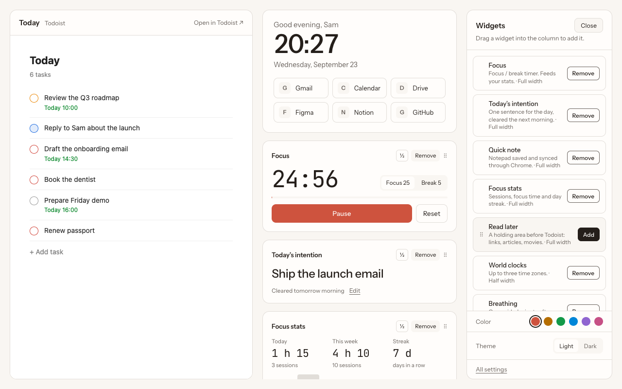 Customizing the Todoist new tab: the widget panel with focus, intention, quick note, stats, read later, world clocks and breathing
