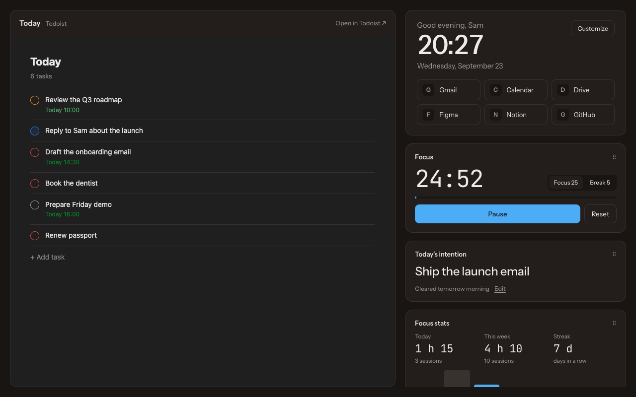 Todoist new tab extension in dark mode