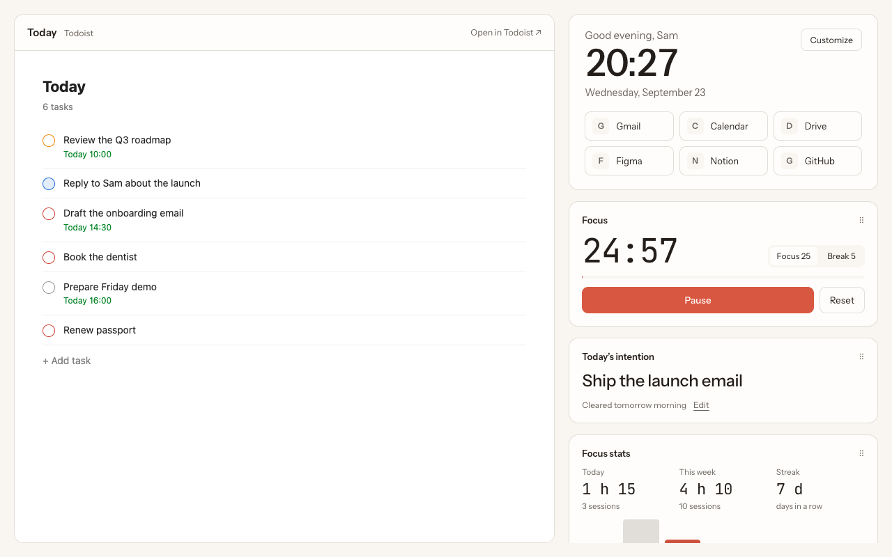 Pomodoro focus timer next to the Todoist Today list in a Chrome new tab