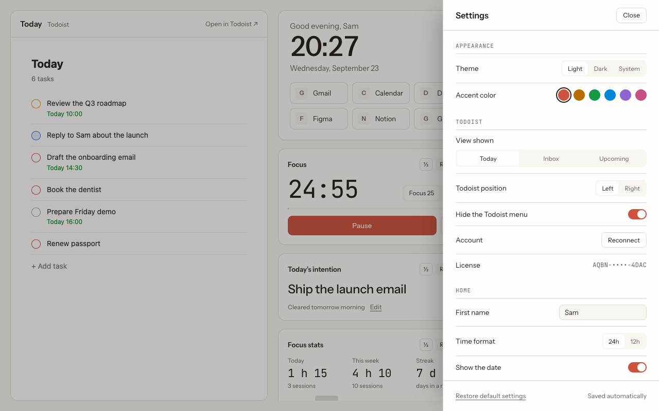 New Tab ist settings: theme, accent color, Todoist view, Todoist position and hiding the Todoist menu